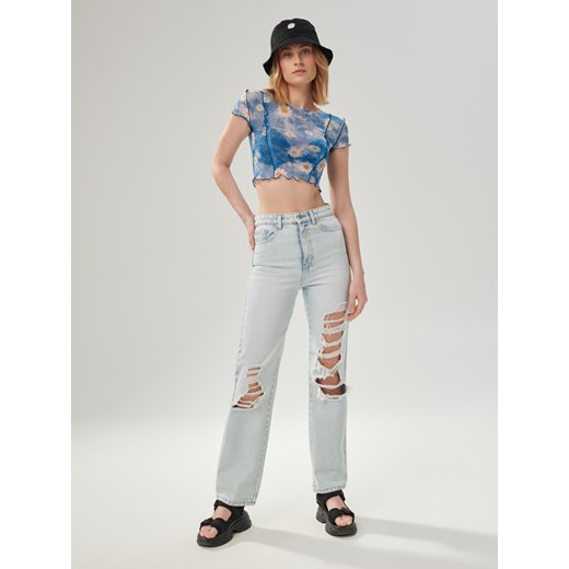 Bluzka damska niebieska Sinsay z okrągłym dekoltem z krótkimi rękawami 