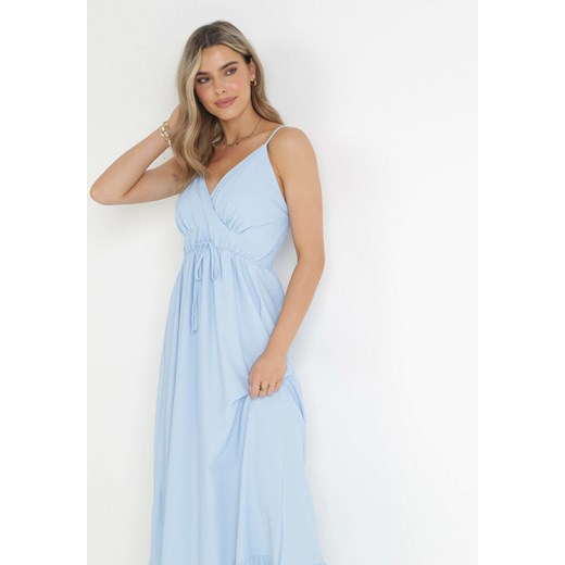 Jasnoniebieska Gładka Sukienka Maxi z Marszczoną Elastyczną Talią Tenawa L wyprzedaż Born2be Odzież