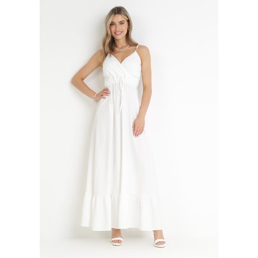 Biała Gładka Sukienka Maxi z Marszczoną Elastyczną Talią Tenawa M wyprzedaż Born2be Odzież
