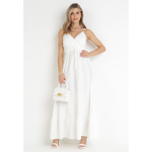 Biała Gładka Sukienka Maxi z Marszczoną Elastyczną Talią Tenawa M promocja Born2be Odzież