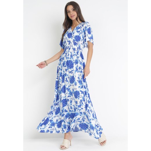 Niebieska Rozkloszowana Sukienka z Wiskozy w Kwiaty Rawnie S okazyjna cena Born2be Odzież