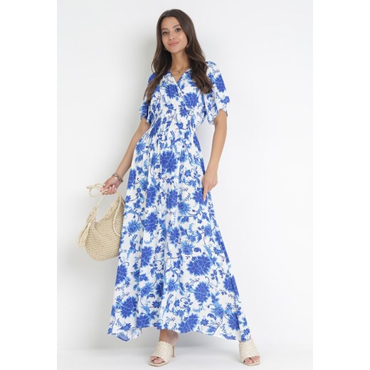Niebieska Rozkloszowana Sukienka z Wiskozy w Kwiaty Rawnie S promocja Born2be Odzież