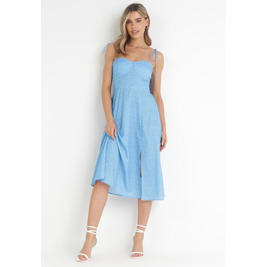 Niebieska Sukienka Midi w Kropki na Ramiączkach Ionttis ze sklepu Born2be Odzież w kategorii Sukienki - zdjęcie 160830597