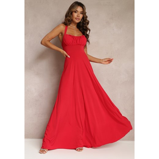 Czerwona Długa Sukienka z Marszczonym Dekoltem i Wiązanymi Ramiączkami Rozvita ze sklepu Renee odzież w kategorii Sukienki - zdjęcie 160830955