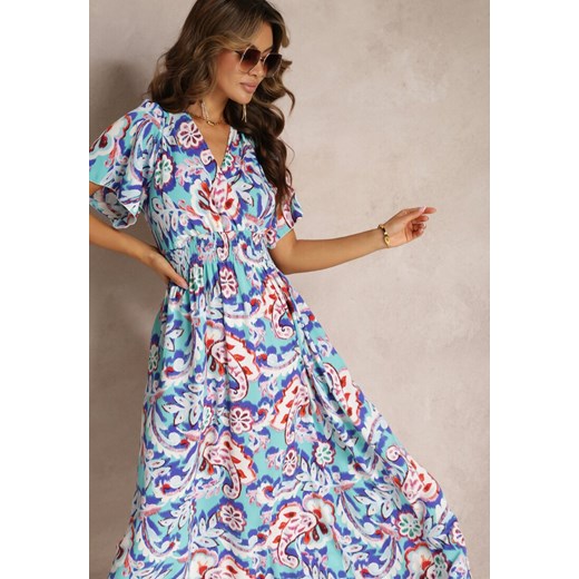 Niebieska Sukienka Maxi z Gumkami w Talii i Wiązaniem na Plecach Sanbava Renee ONE SIZE promocja Renee odzież