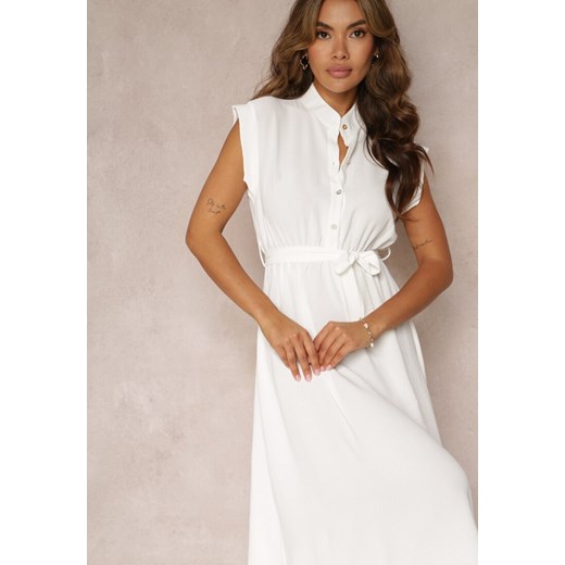 Biała Sukienka Midi z Guzikami i Materiałowym Paskiem Nylalik ze sklepu Renee odzież w kategorii Sukienki - zdjęcie 160907327