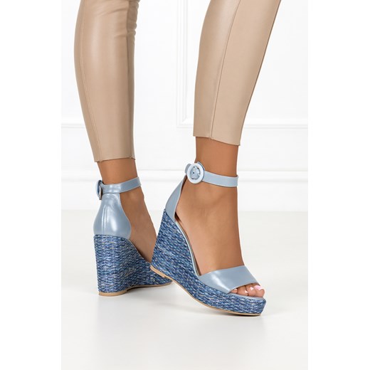 Espadryle damskie niebieskie Casu na koturnie casual z klamrą skórzane