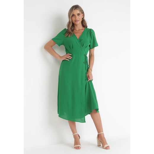 Zielona Kopertowa Sukienka Midi z Materiałowym Paskiem Rahellitte ze sklepu Born2be Odzież w kategorii Sukienki - zdjęcie 160921177