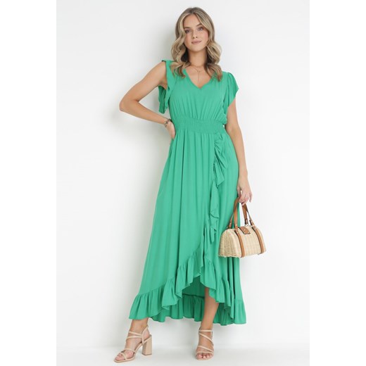 Zielona Wiskozowa Sukienka z Kopertowym Dołem i Dekoltem Lail ze sklepu Born2be Odzież w kategorii Sukienki - zdjęcie 160923297