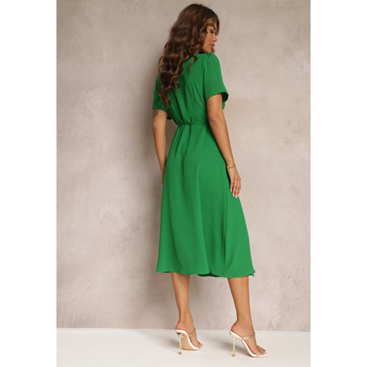 Zielona Sukienka Midi z Kopertowym Dekoltem i Wiązaniem w Pasie Elisanu Renee M promocja Renee odzież