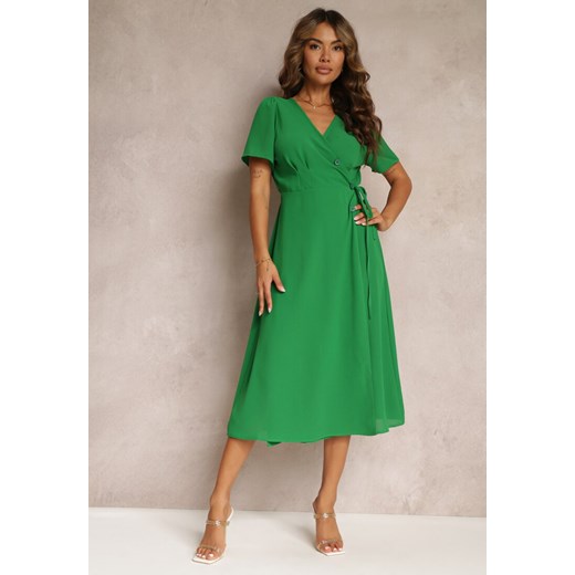Zielona Sukienka Midi z Kopertowym Dekoltem i Wiązaniem w Pasie Elisanu Renee M okazja Renee odzież