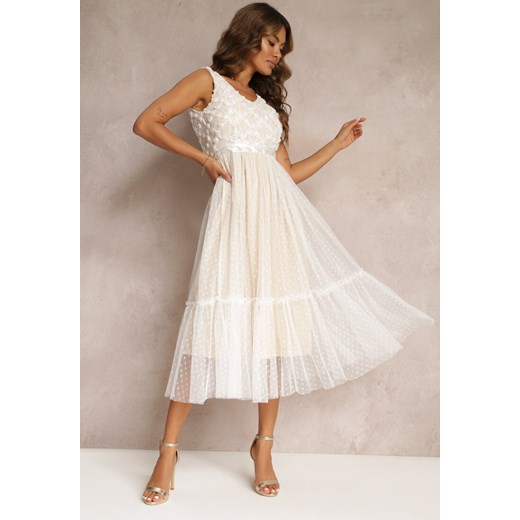 Biała Taliowana Sukienka Midi z Ozdobną Siateczką Celerise ze sklepu Renee odzież w kategorii Sukienki - zdjęcie 160936209