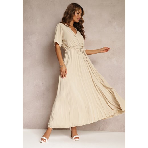 Beżowa Rozkloszowana Sukienka Plisowana z Wiązanym Paskiem Eilemona ze sklepu Renee odzież w kategorii Sukienki - zdjęcie 160936336