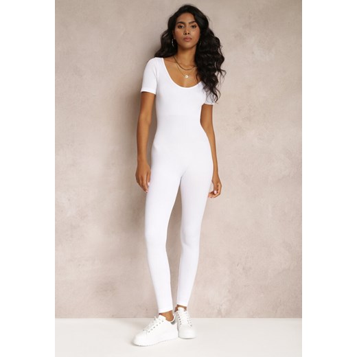 Biały Prążkowany Kombinezon Bodycon z Długimi Nogawkami i Krótkimi Rękawami Vittone ze sklepu Renee odzież w kategorii Kombinezony damskie - zdjęcie 160955559