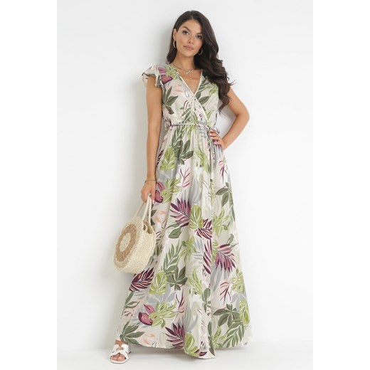 Beżowo-Zielona Sukienka Maxi z Kopertowym Dekoltem w Kwiaty Nasham ze sklepu Born2be Odzież w kategorii Sukienki - zdjęcie 160955897