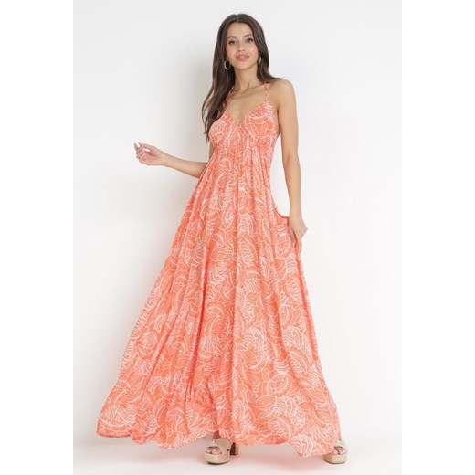 Pomarańczowa Rozkloszowana Sukienka Maxi z Wiązaniem na Szyi Inabella ze sklepu Born2be Odzież w kategorii Sukienki - zdjęcie 160958076