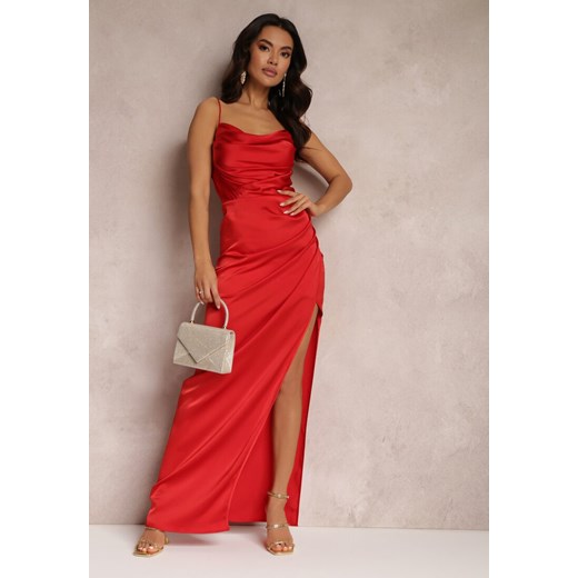 Czerwona Satynowa Sukienka z Marszczeniem i Rozcięciem na Dole Zhemah ze sklepu Renee odzież w kategorii Sukienki - zdjęcie 160968299