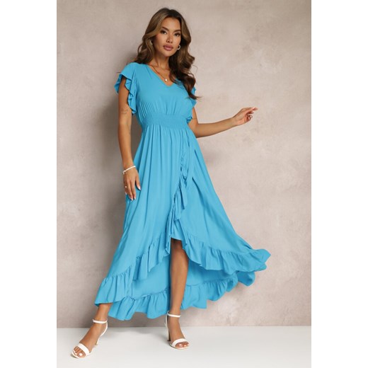 Niebieska Kopertowa Sukienka z Wiskozy Ozdobiona Falbanką Carnovie ze sklepu Renee odzież w kategorii Sukienki - zdjęcie 160973078