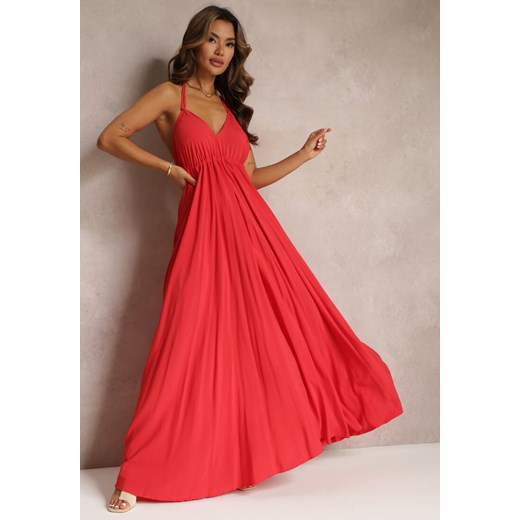 Czerwona Rozkloszowana Sukienka Bawełniana z Wiązaniem na Szyi Panethea ze sklepu Renee odzież w kategorii Sukienki - zdjęcie 160973118