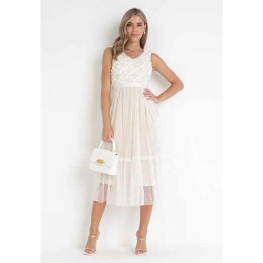 Biała Rozkloszowana Sukienka Midi z Ozdobnym Tiulem Celaina ze sklepu Born2be Odzież w kategorii Sukienki - zdjęcie 161013376