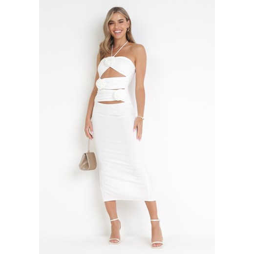 Biała Wiązana Midi Sukienka z Wycięciami i Aplikacjami z Materiału Cherice S/M Born2be Odzież promocja
