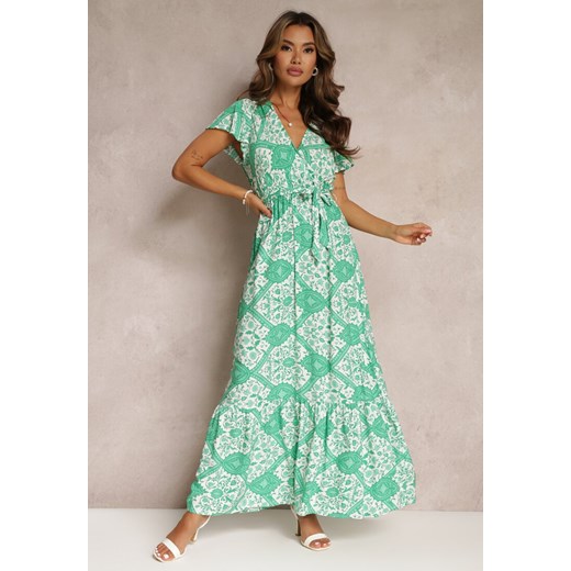 Zielona Rozkloszowana Sukienka z Kopertowym Dekoltem i Wiązanym Paskiem Brynis ze sklepu Renee odzież w kategorii Sukienki - zdjęcie 161037547