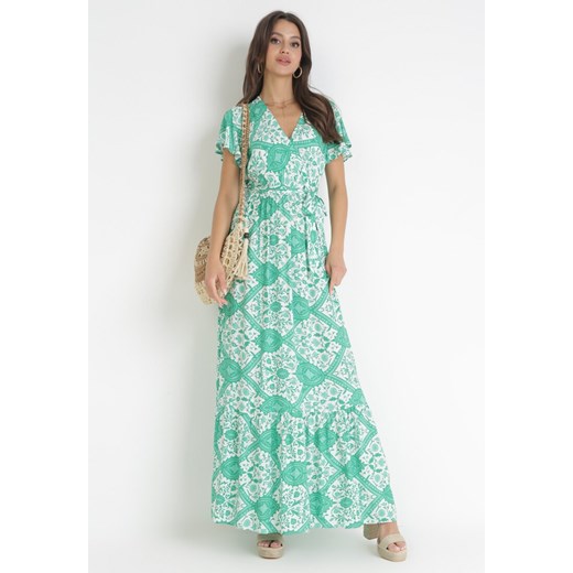 Zielona Rozkloszowana Sukienka Maxi z Wiązanym Paskiem Aziza ze sklepu Born2be Odzież w kategorii Sukienki - zdjęcie 161037645