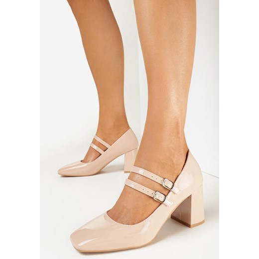 Beżowe Czółenka Lakierowane na Słupku z Paskami Eglese 37 okazja born2be.pl