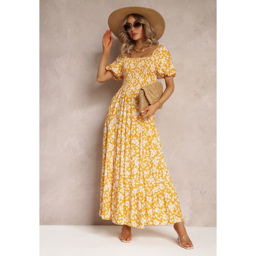 Żółta Trapezowa Sukienka Bawełniana w Kwiaty Cresenia ze sklepu Renee odzież w kategorii Sukienki - zdjęcie 161039735