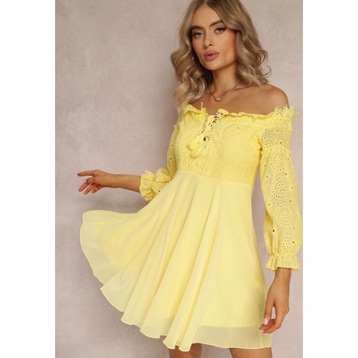Żółta Sukienka z Rękawami 7/8 i Ozdobną Koronką Cascantha ze sklepu Renee odzież w kategorii Sukienki - zdjęcie 161039755