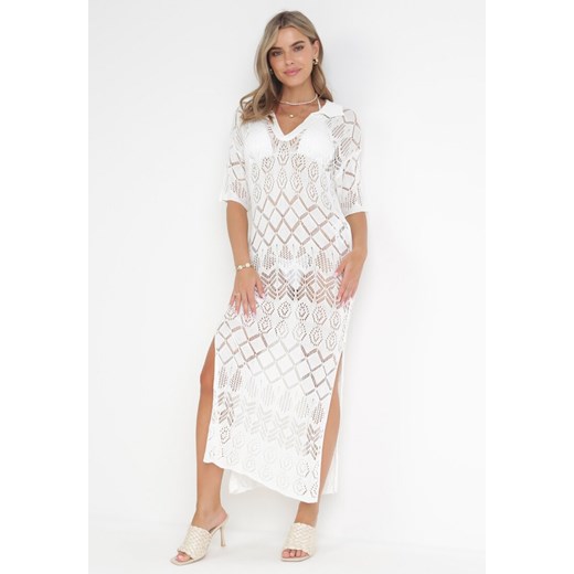 Biała Szydełkowa Sukienka Maxi z Rozcięciem Zanca ze sklepu Born2be Odzież w kategorii Sukienki - zdjęcie 161039978