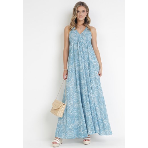 Niebieska Rozkloszowana Sukienka Maxi z Wiązaniem na Szyi Inabella ze sklepu Born2be Odzież w kategorii Sukienki - zdjęcie 161042216