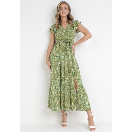 Zielona Rozkloszowana Sukienka Maxi z Wiskozy Cellen ze sklepu Born2be Odzież w kategorii Sukienki - zdjęcie 161042226