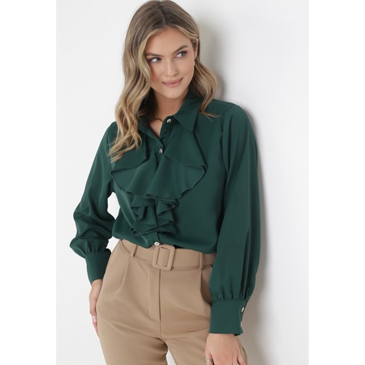 Zielona Koszula z Wiskozy i Ozdobnym Żabotem Zucco ze sklepu Born2be Odzież w kategorii Koszule damskie - zdjęcie 161042286