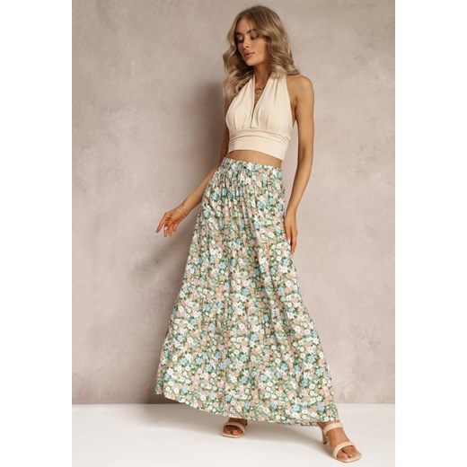 Zielona Bawełniana Spódnica Maxi z Troczkiem i Printem w Kwiaty Yibji ze sklepu Renee odzież w kategorii Spódnice - zdjęcie 161042628