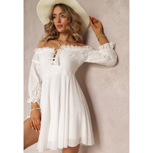 Biała Sukienka z Rękawami 7/8 i Ozdobną Koronką Cascantha ze sklepu Renee odzież w kategorii Sukienki - zdjęcie 161042648