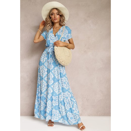 Niebieska Rozkloszowana Sukienka z Kopertowym Dekoltem i Wiązanym Paskiem Brynis ze sklepu Renee odzież w kategorii Sukienki - zdjęcie 161042658