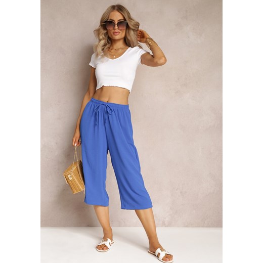 Niebieskie Spodnie z Szerokimi Nogawkami 3/4 i Gumką w Talii Jacquelle ze sklepu Renee odzież w kategorii Spodnie damskie - zdjęcie 161055767