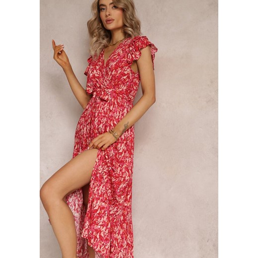 Czerwona Rozkloszowana Sukienka z Gumką w Talii i Falbanką Samat Renee M okazja Renee odzież