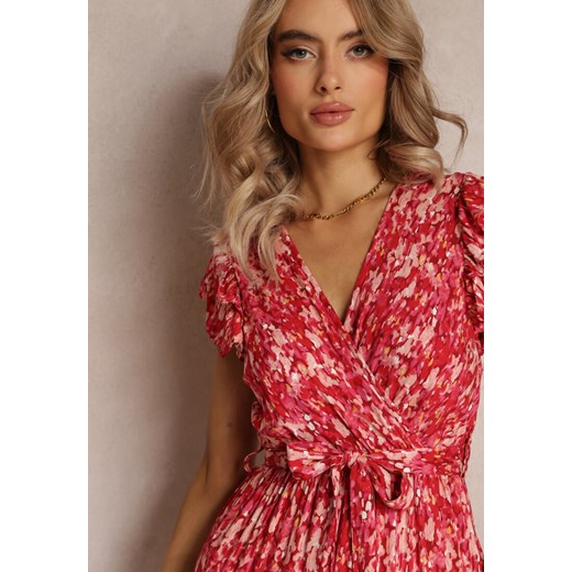Czerwona Rozkloszowana Sukienka z Gumką w Talii i Falbanką Samat Renee L okazyjna cena Renee odzież