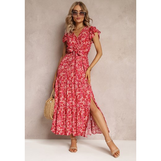Czerwona Rozkloszowana Sukienka z Gumką w Talii i Falbanką Samat Renee XL wyprzedaż Renee odzież