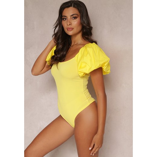 Żółte Body z Prążkowanej Tkaniny i Ozdobnymi Bufiastymi Rękawami Lenitte ze sklepu Renee odzież w kategorii Bluzki damskie - zdjęcie 161060577