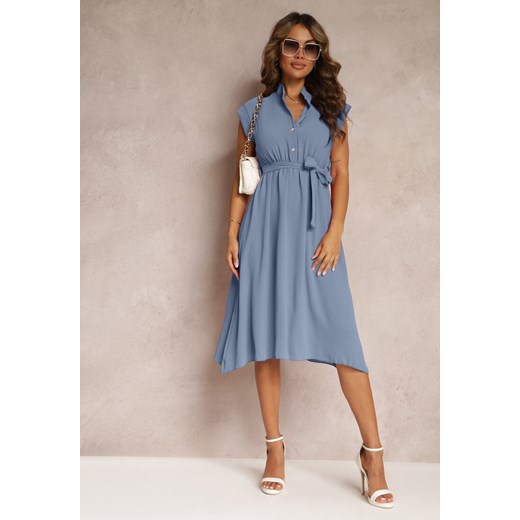 Niebieska Sukienka Midi z Guzikami i Materiałowym Paskiem Nylalik ze sklepu Renee odzież w kategorii Sukienki - zdjęcie 161060588