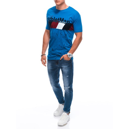 T-shirt męski z nadrukiem S1887 - niebieski Edoti XL Edoti
