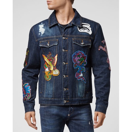 PHILIPP PLEIN Kurtka jeansowa ozdobiona naszywkami rozmiar L L wyprzedaż Moliera2.com