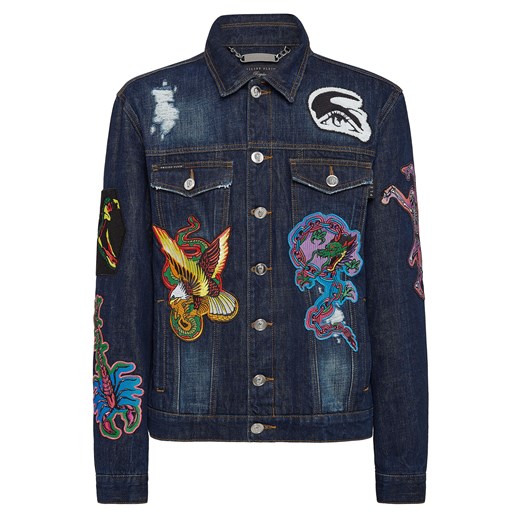 PHILIPP PLEIN Kurtka jeansowa ozdobiona naszywkami rozmiar L L okazja Moliera2.com