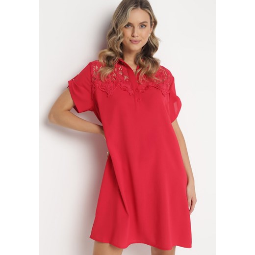 Czerwona Koszulowa Sukienka z Koronką Jetana ze sklepu Born2be Odzież w kategorii Sukienki - zdjęcie 161200696