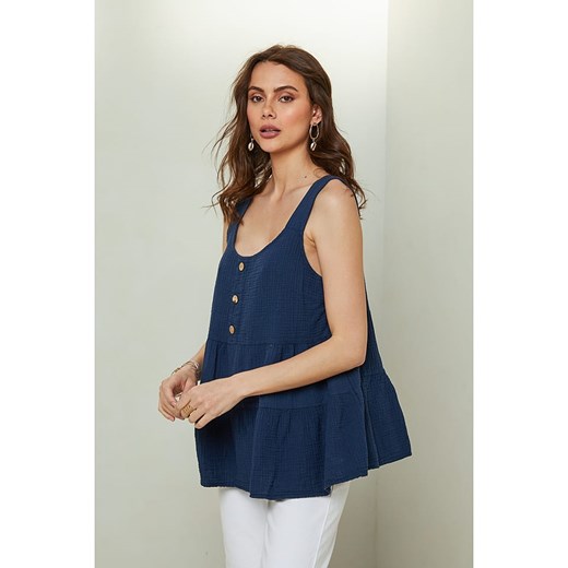 Bluzka damska niebieska Pure Cotton z bawełny z okrągłym dekoltem casual 