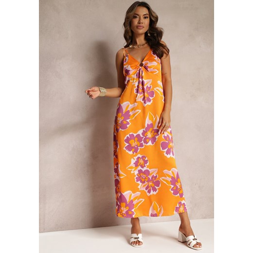Pomarańczowa Satynowa Sukienka Maxi w Kwiaty ze Zdobieniem przy Dekolcie Benna ze sklepu Renee odzież w kategorii Sukienki - zdjęcie 161235545