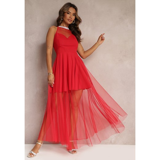 Czerwona Maxi Sukienka o Rozkloszowanym Fasonie z Długim Tiulem i Ozdobnymi Cyrkoniami Amorah ze sklepu Renee odzież w kategorii Sukienki - zdjęcie 161235575
